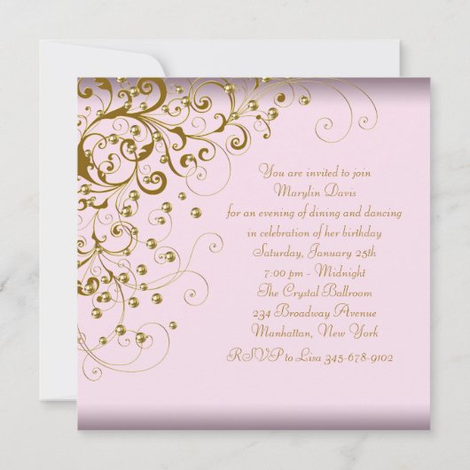 Invitation Fête d'anniversaire femme rose or tourbillon perle (Dos)