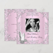 Invitation Fête d'anniversaire Femme rose talons d'argent (Devant / Derrière)