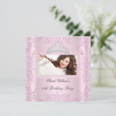 Invitation Fête d'anniversaire Femmes Filles Rose Tiara Photo (Debout devant)