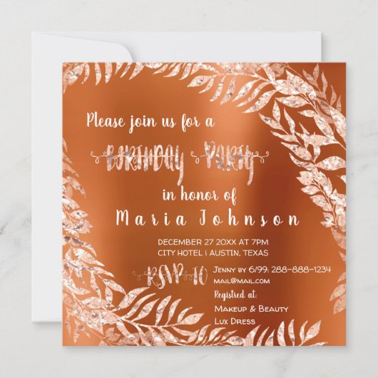 Invitation Fête d'anniversaire feuille Parties scintillant Ro (Devant)