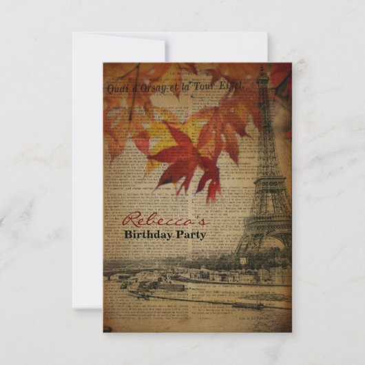 Invitation fête d'anniversaire feuilles d'automne vintage fra (Devant)