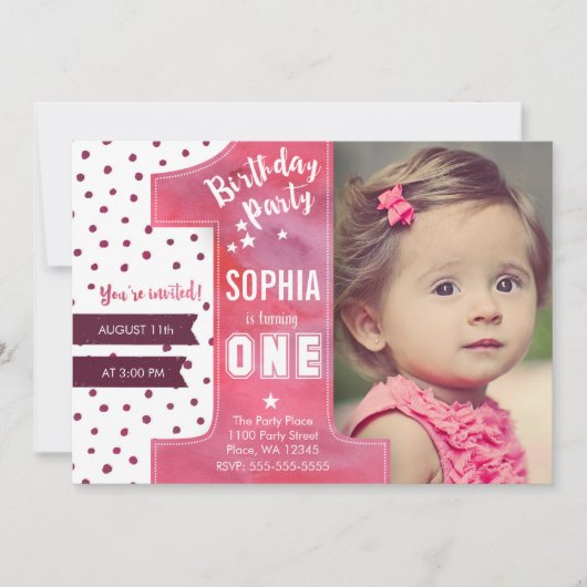 Invitation fête d'anniversaire fille aquarelle (Devant)