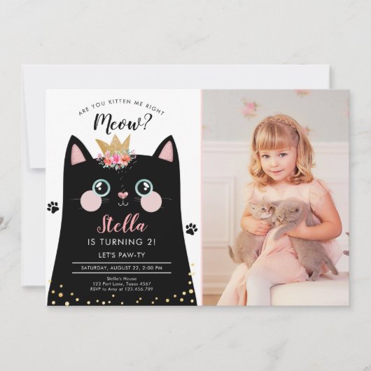 Invitation Fête d'anniversaire Fille Couronne Rose Meow Chat  (Devant)