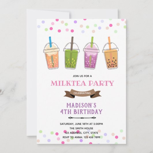 Invitation Fête d'anniversaire fille de thé au lait de bubble (Devant)