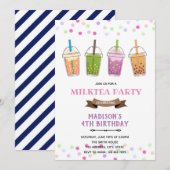 Invitation Fête d'anniversaire fille de thé au lait de bubble (Devant / Derrière)