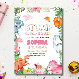 Invitation Fête d'anniversaire fille dinosaure rose Anniversa