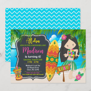 Invitation Fête d'anniversaire Fille Hawaïenne Tropicale Luau