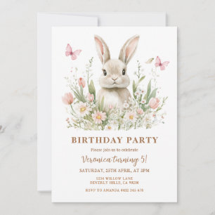 Invitation Fête d'anniversaire fille lapin lapereau floral ro