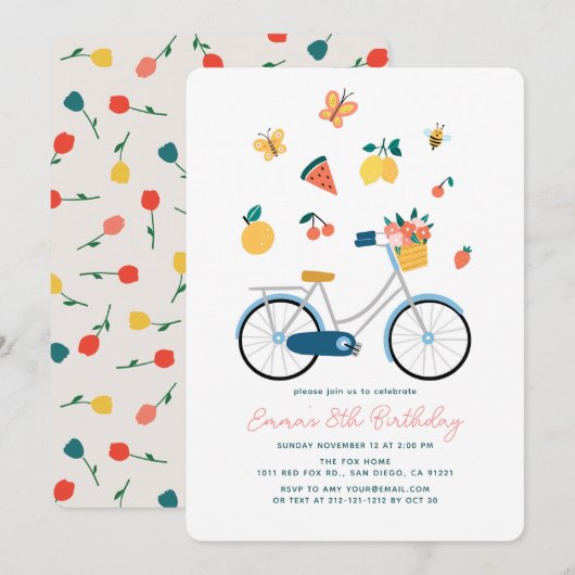 Invitation Fête d'anniversaire Fille Papillons Fruits Fleurs (Devant / Derrière)