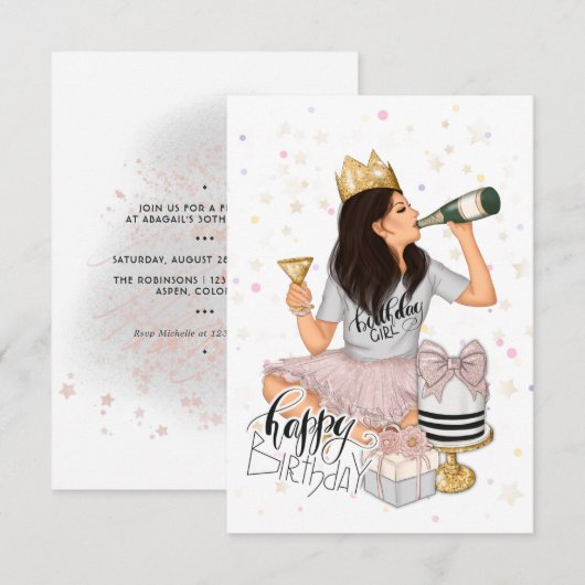 Invitation Fête d'anniversaire fille rose et or (Devant / Derrière)