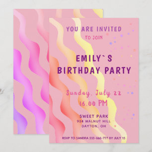 Invitation Fête d'anniversaire Fille Rose Étoiles et Vagues C