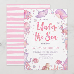 Invitation Fête d'anniversaire fille Rose sous la mer