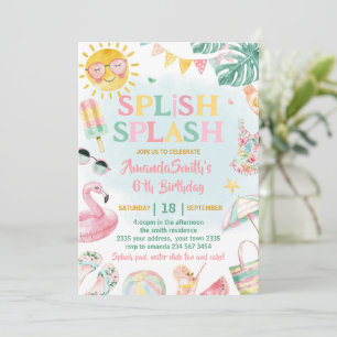 Invitation Fête d'anniversaire fille rose Splash Splash Pisci