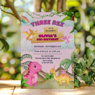 Invitation Fête d'anniversaire fille Trois Rex Dinosaure Rose