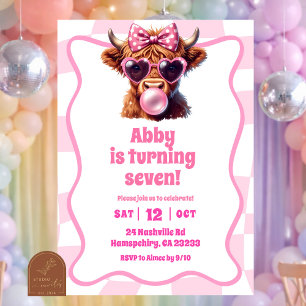 Invitation Fête d'anniversaire fille vache highland rétro ros
