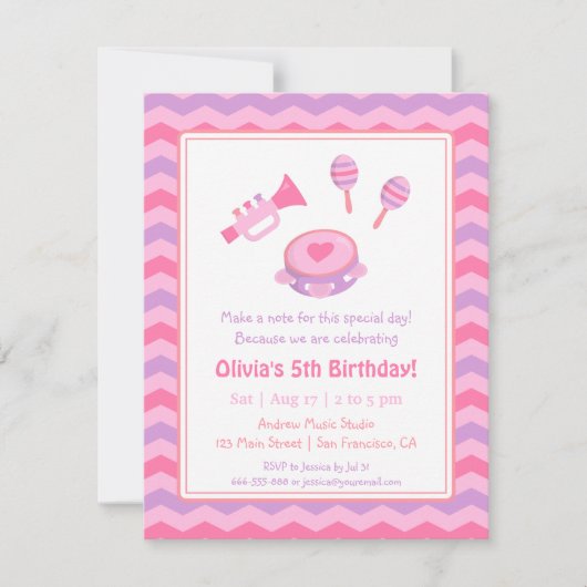 Invitation Fête d'anniversaire filles Instruments de musique (Devant)