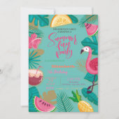 Invitation Fête d'anniversaire flamant rose feuille de palmie (Devant)