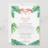 Invitation Fête d'anniversaire Flamant rose feuille rayure (Devant)