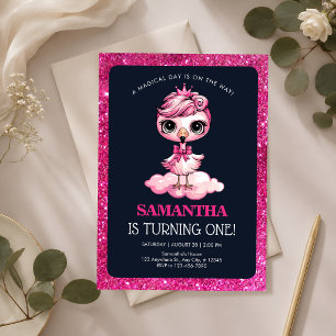 Invitation Fête d'anniversaire flamant rose pour bébé fille m