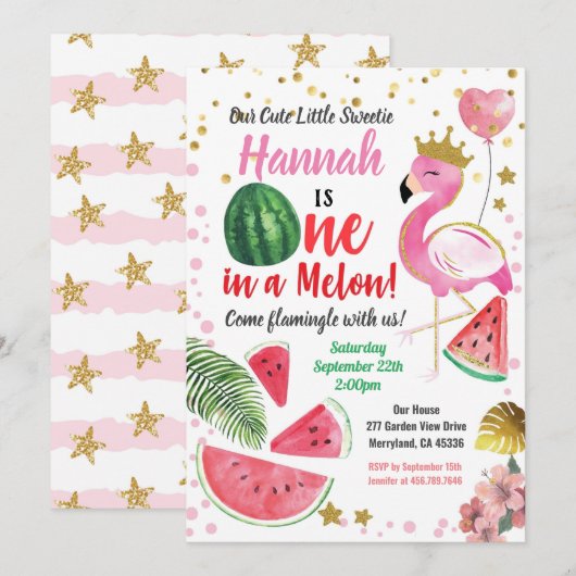 Invitation Fête d'anniversaire Flamant rose Watermelon Girl (Devant / Derrière)