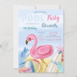 Invitation Fête d'anniversaire Flamants Roses Pool Party