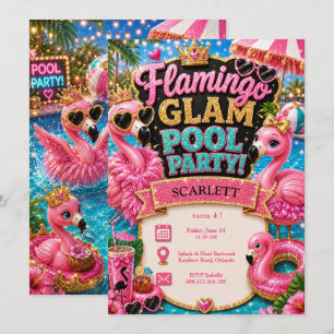 Invitation Fête d'anniversaire Flamingo Glam Pool Party - Pai