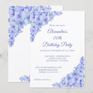 Invitation Fête d'anniversaire Fleur Bleu Hortensias Blanc