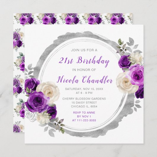Invitation Fête d'Anniversaire Fleur d'Argent Violet foncé (Devant / Derrière)