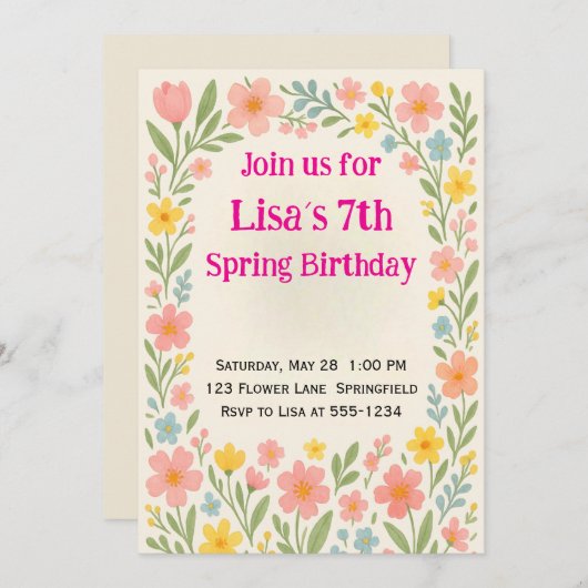 Invitation Fête d'anniversaire Fleur de Printemps (Devant / Derrière)
