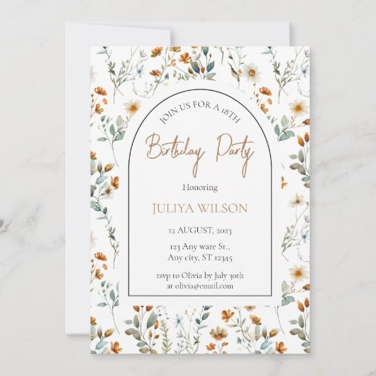 Invitation Fête d'anniversaire fleur sauvage (Devant)