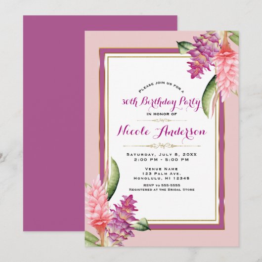 Invitation Fête d'anniversaire Fleur tropicale Orchidée Rose (Devant / Derrière)
