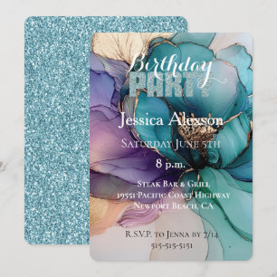 Invitation Fête d'anniversaire Fleur Violette Paillettes Bleu
