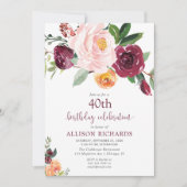 Invitation Fête d'anniversaire fleurie bordeaux roux (Devant)