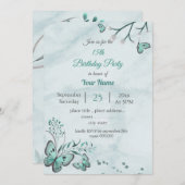 Invitation Fête d'anniversaire fleurie feuille aux papillons  (Devant / Derrière)