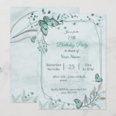 Invitation Fête d'anniversaire fleurie feuille aux papillons  (Devant / Derrière)