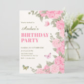 Invitation Fête d'anniversaire fleurie rose (Debout devant)