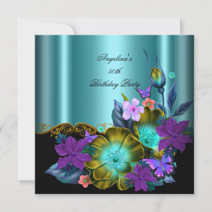 Invitation Fête d'anniversaire Fleurie Violet Bleu Turquoise