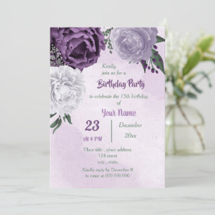 Invitation fête d'anniversaire fleurie violette et blanche