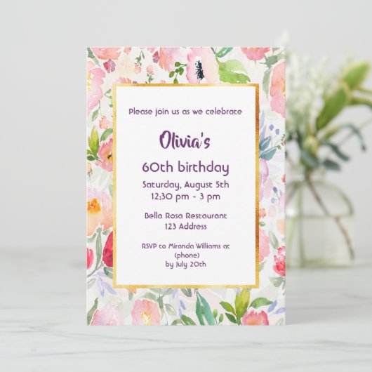 Invitation Fête d'anniversaire fleurons roses blanc (Debout devant)