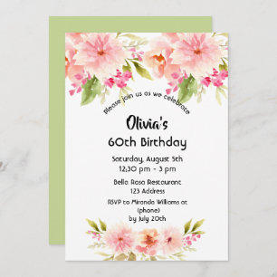 Invitation Fête d'anniversaire fleurons roses vert