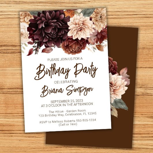 Invitation Fête d'anniversaire Fleurs Beige Marron