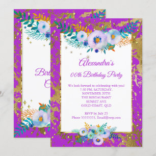 Invitation Fête d'anniversaire Fleurs Bleu Turquoise Or Viole