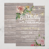 Invitation Fête d'anniversaire Fleurs de bois rustiques et lu (Devant / Derrière)