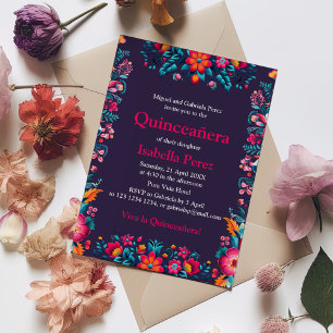 Invitation Fête d'anniversaire Fleurs Quinceañera Mexicaine