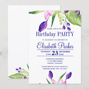 Invitation Fête d'anniversaire fleurs rose fuchsia marine aqu