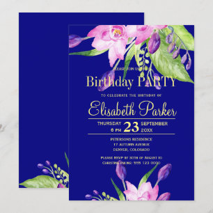 Invitation Fête d'anniversaire fleurs rose pastel marine aqua