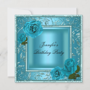 Invitation Fête d'anniversaire fleurs roses bleu sarcelle tou