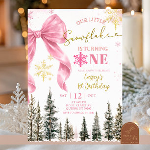 Invitation Fête d'anniversaire flocon de neige à ruban rose f