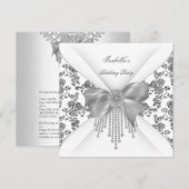 Invitation Fête d'anniversaire Floral Argent Blanc Diamant Bo (Devant / Derrière)