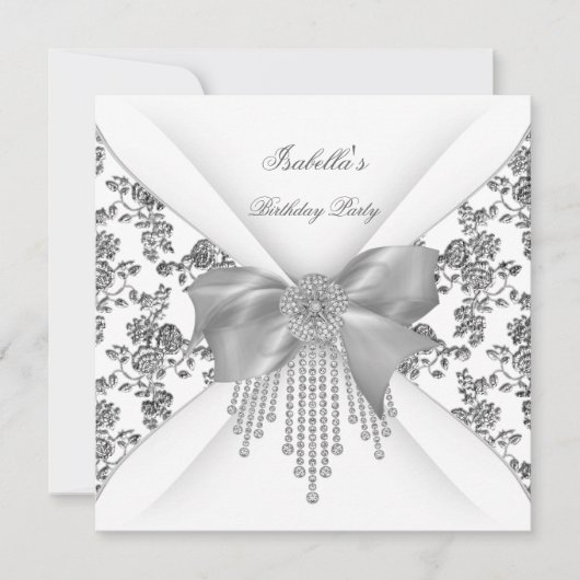 Invitation Fête d'anniversaire Floral Argent Blanc Diamant Bo (Devant)